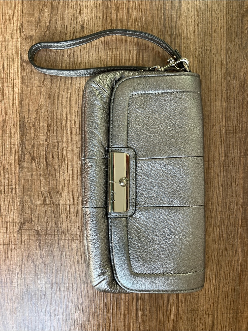 Coach Metallic Pewter Leather Wristlet Clutch